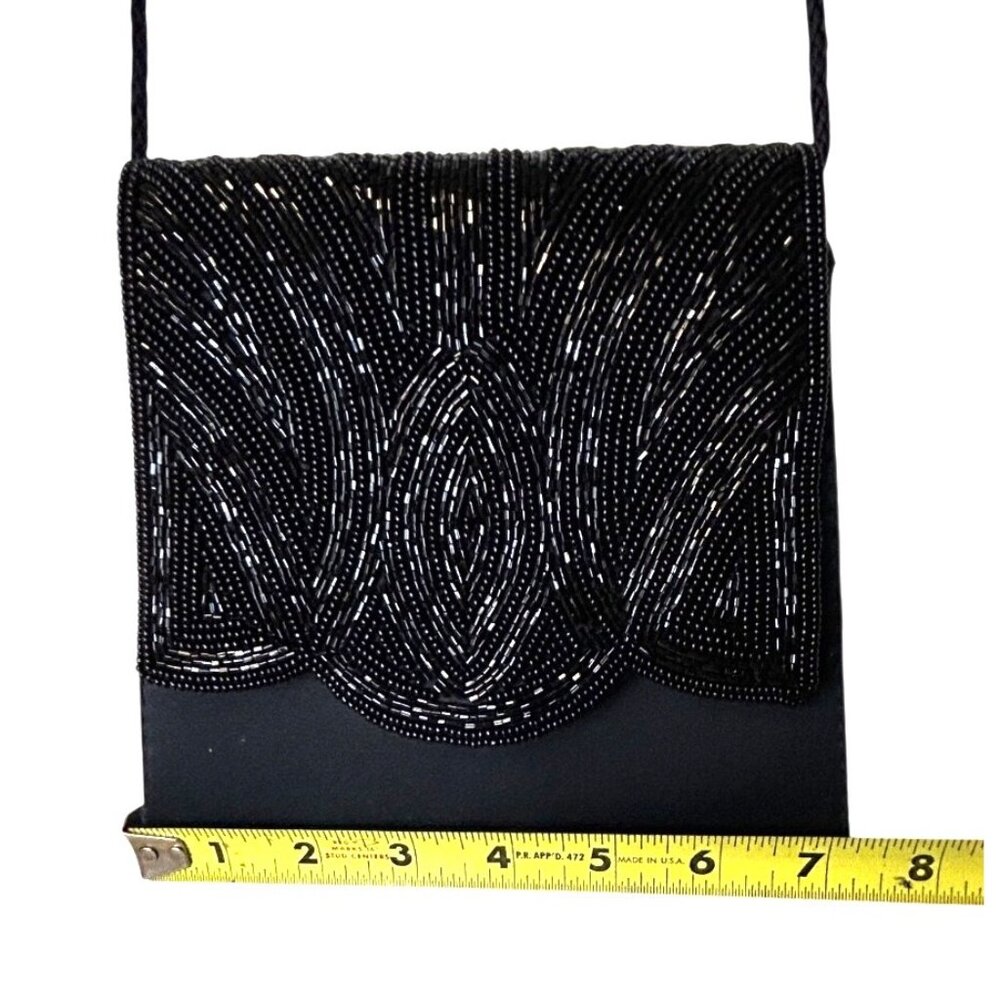 Y2K Vintage Black Beaded Satin Classy Evening Bag Magnetic Closure Rope Strap - Picture 8 of 9
